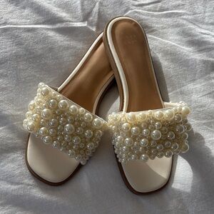 Pearl-Embellished Cream Slide Sandal